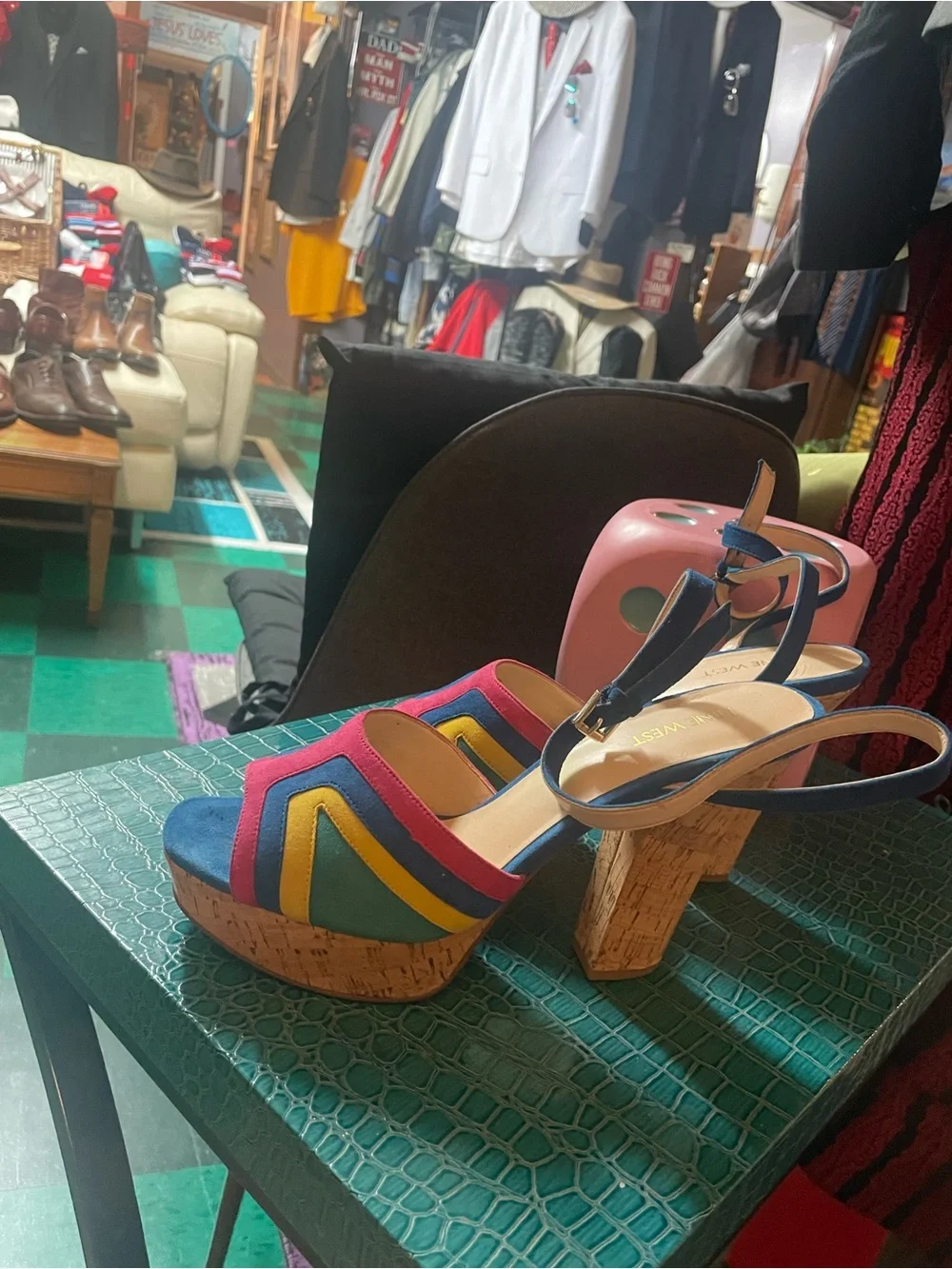 Nine West Blue, Pink & Yellow Cork Platform Wedge Sandals